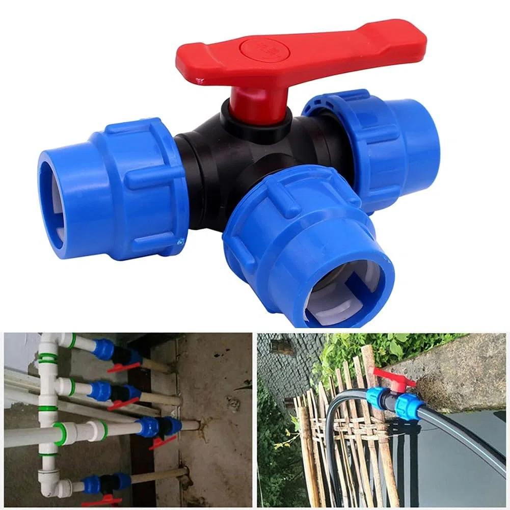 Lioaeust Válvula de Bola de 3 Vías, Material PE, 50mm, Cuerpo de Material PE, Color Negro+Azul, Accesorios para Suministro de Agua Doméstico e Industrial