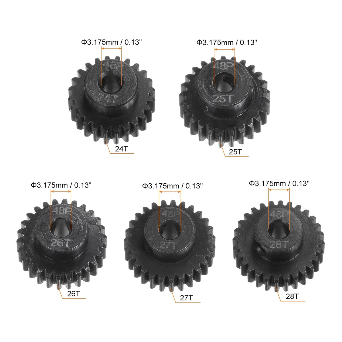 sourcing map Piñón Endurecido 48P, Engranajes de Motor Kit 5Pzs 24T 25T 26T 27T 28T para Eje de Motor RC de 1/8 Pulgadas, Engranajes de 48 Pasos para Coche RC, con Llave Hexagonal
