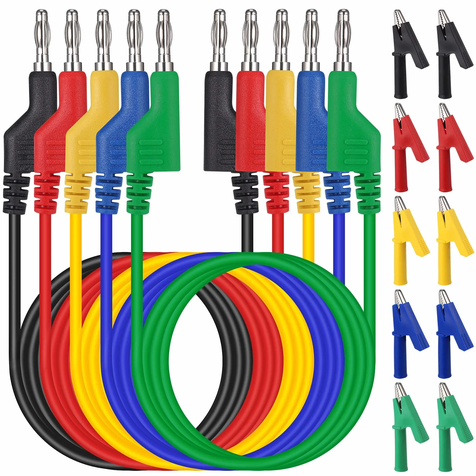 Hejo 15 Piezas Cables de Multímetro, Kit de Cable de Prueba de Sonda para Pruebas con Multímetro, 105cm 5 Colores Cable de Prueba de 4 mm con 10 piezas Pinzas de Cocodrilo