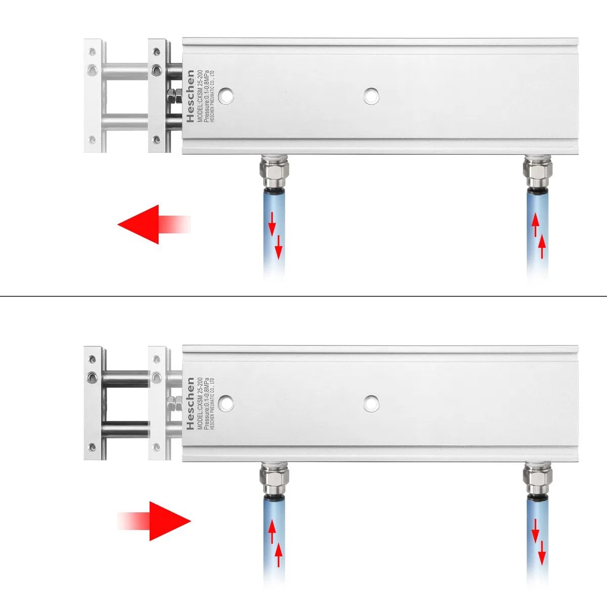 Heschen Cilindro neumático doble de aluminio CXSM 25-200 Placa de vástago de guía Doble vástago de guía Cojinete de deslizamiento neumático con cojín Diámetro de 25 mm Carrera de 200 mm Doble efecto