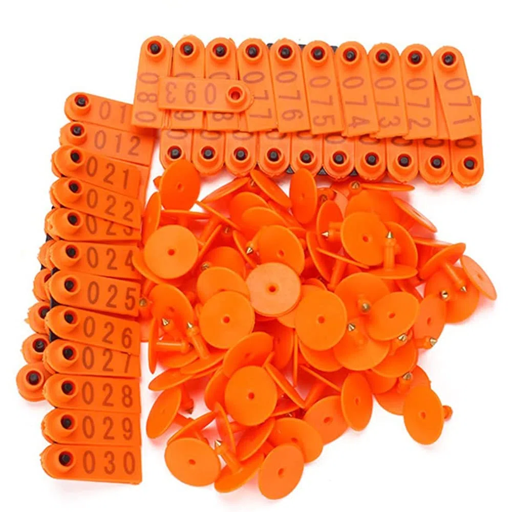 Paquete de 100 etiquetas de oreja de cerdo, color naranja, tamaño mediano, de plástico, para cerdo, cerdo, cerdo, cerdo, cerdo, con número 001-100