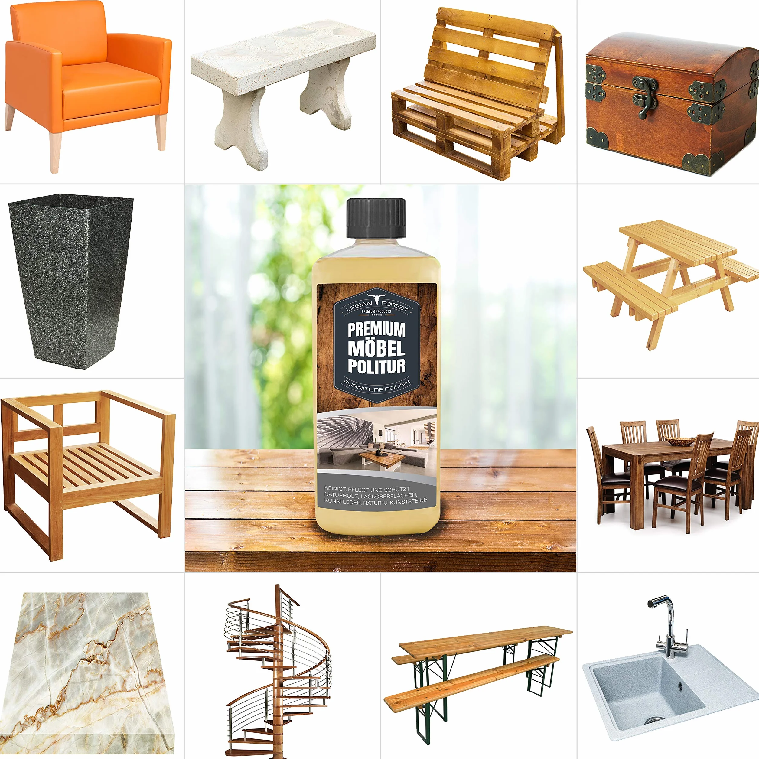Limpiador de muebles prémium, cuidado y limpieza de muebles, superficies de barniz, superficies de plástico, cuero sintético, natural y piedras artificiales, superficies de piel, bosques urbanos