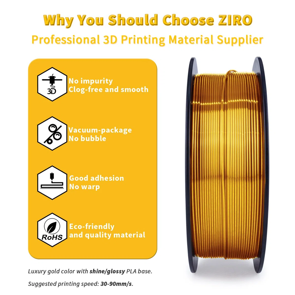 ZIRO Seda Filamento PLA 1.75mm, Filamento Impresora 3D Seda PLA 1.75mm 1kg (2.2 lbs), Precisión Dimensional +/- 0.03mm, Oro
