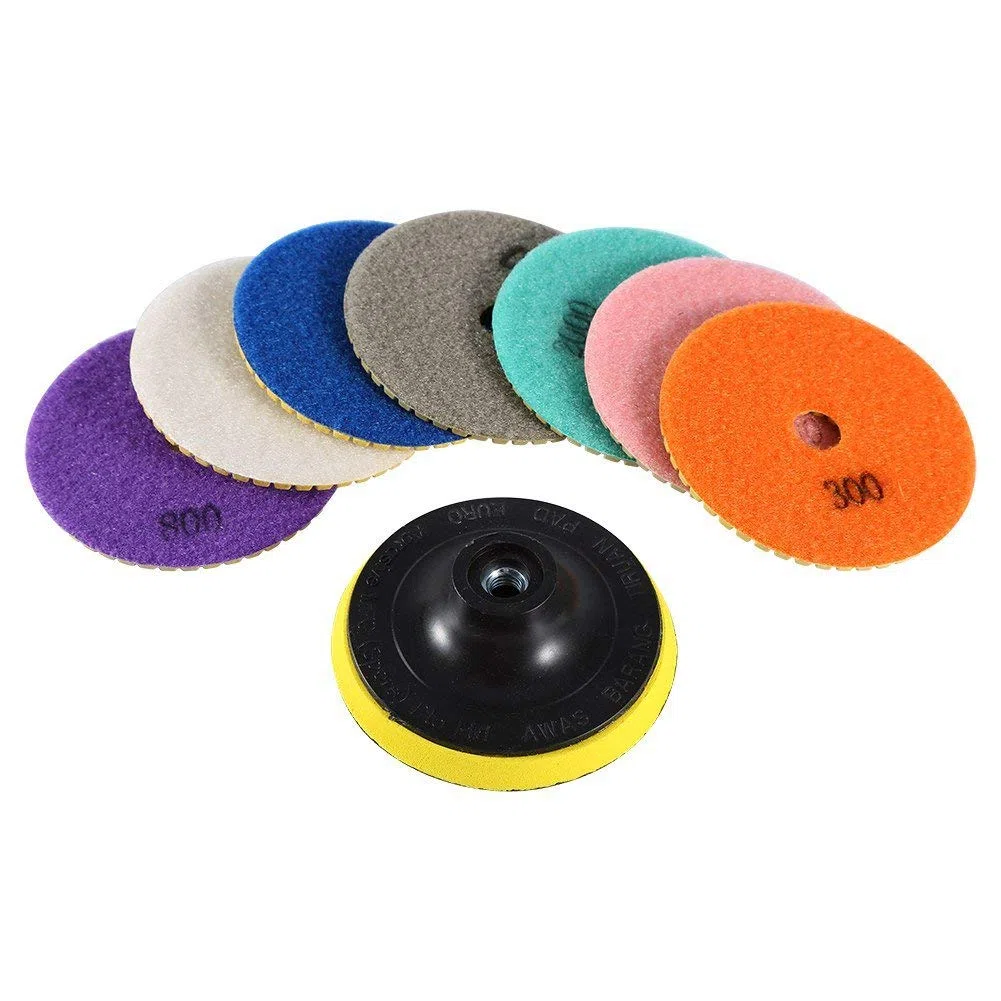 8 Piezas Disco Pulir Mármol Almohadillas Diamante 100 mm 7 Discos Abrasivos 50-3000 Grit + Disco Adhesivo para Granito