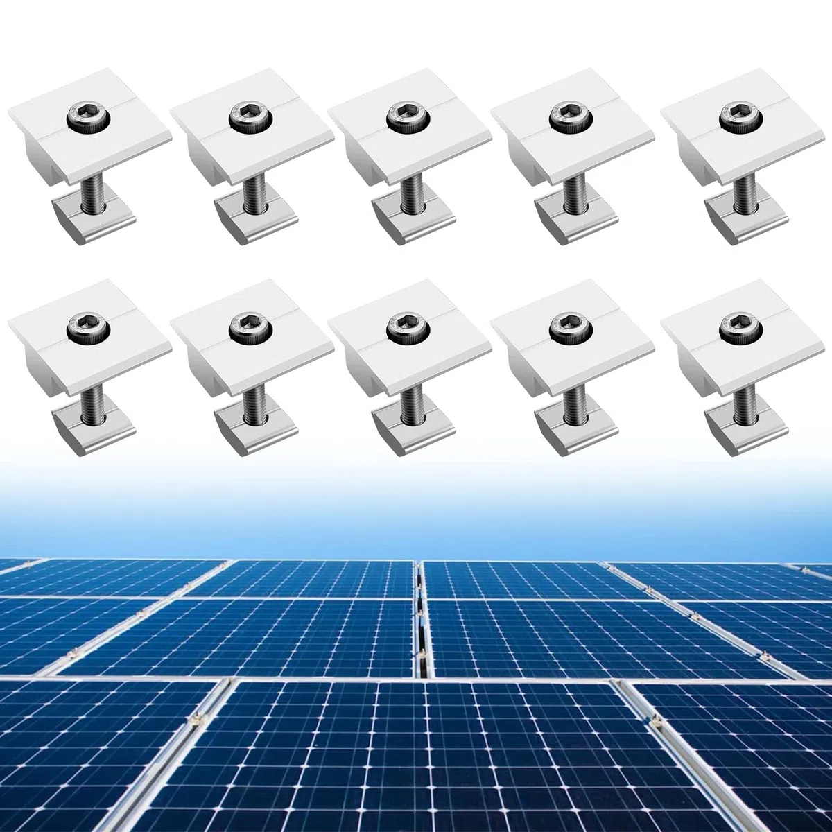 Anbte 10x Soporte de Montaje de Panel Solar, Abrazaderas Centrales para Panel Solar 30mm en Forma de T Aleación de Aluminio Tornillos M8 * 48mm para 30-35mm Enmarcado Paneles Fotovoltaicos