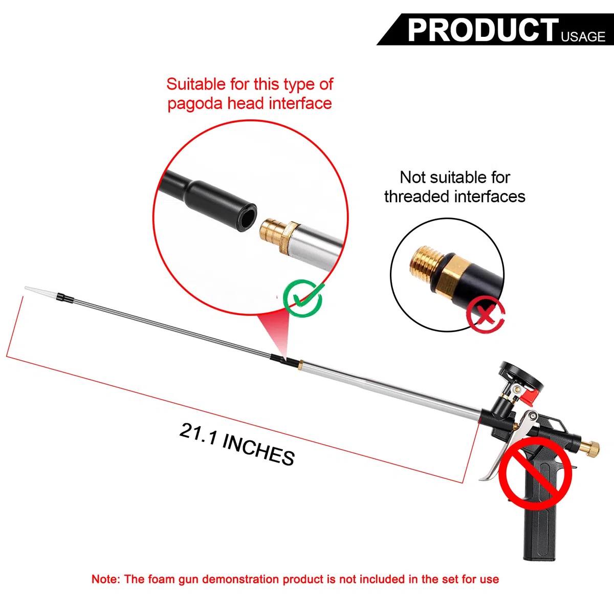 Pistola de plástico de espuma de poliestireno de acero inoxidable que extiende la boquilla 35 cm, que se utiliza para rellenar y sellar, aislamiento acústico y eliminación de ruido, taponamiento de