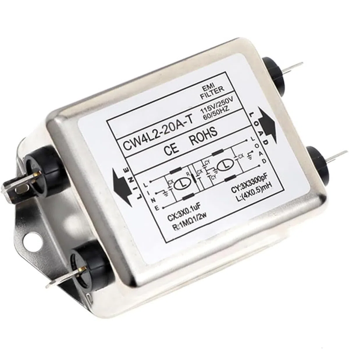Filtro Emi de Línea de Alimentación, 115 V/250 V, 20 A, 50/60 Hz, Módulo de Filtro de Potencia Emi Cw4L2-20A-T, Terminal de Filtro Emi de Acondicionador de Línea Con Orificio de Tornillo de Montaje