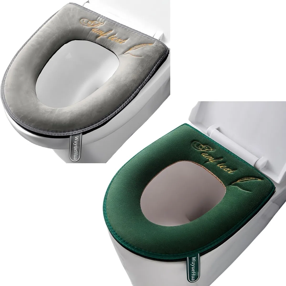 Set de 2 fundas de inodoro con mango, suaves, gruesas, lavables, adecuadas para todos los asientos ovalados (gris + verde, bisagra)
