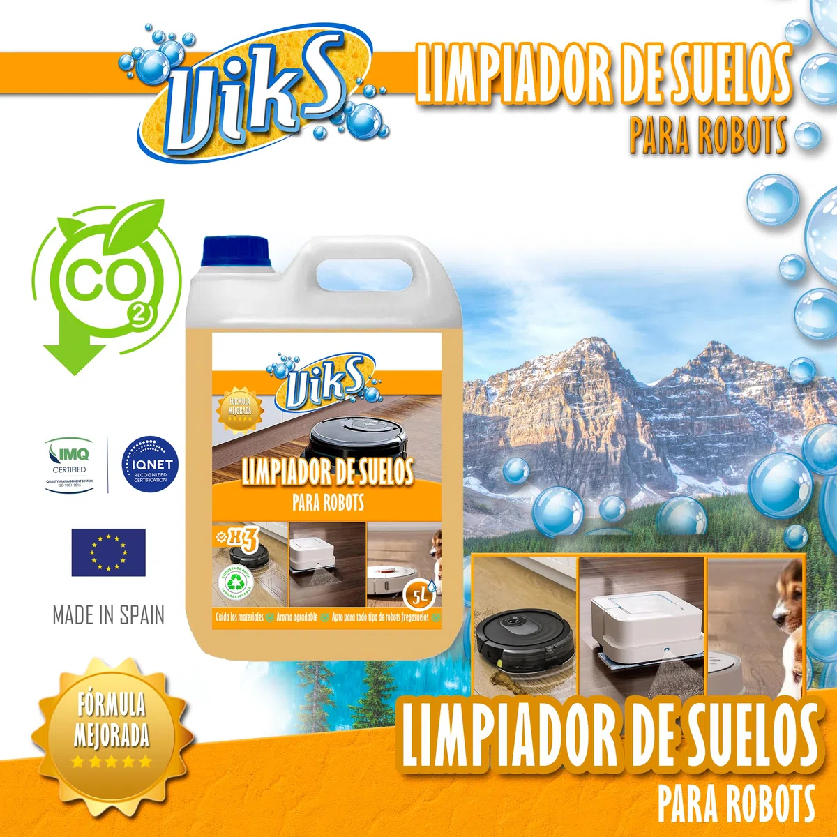 Viks | Limpiador de Suelos para Robots | Fregasuelos para robot aspirador Amplia compatibilidad con los Fabricantes | Liquido Robot Friegasuelos | Suave con las superficies | Concentrado 5L