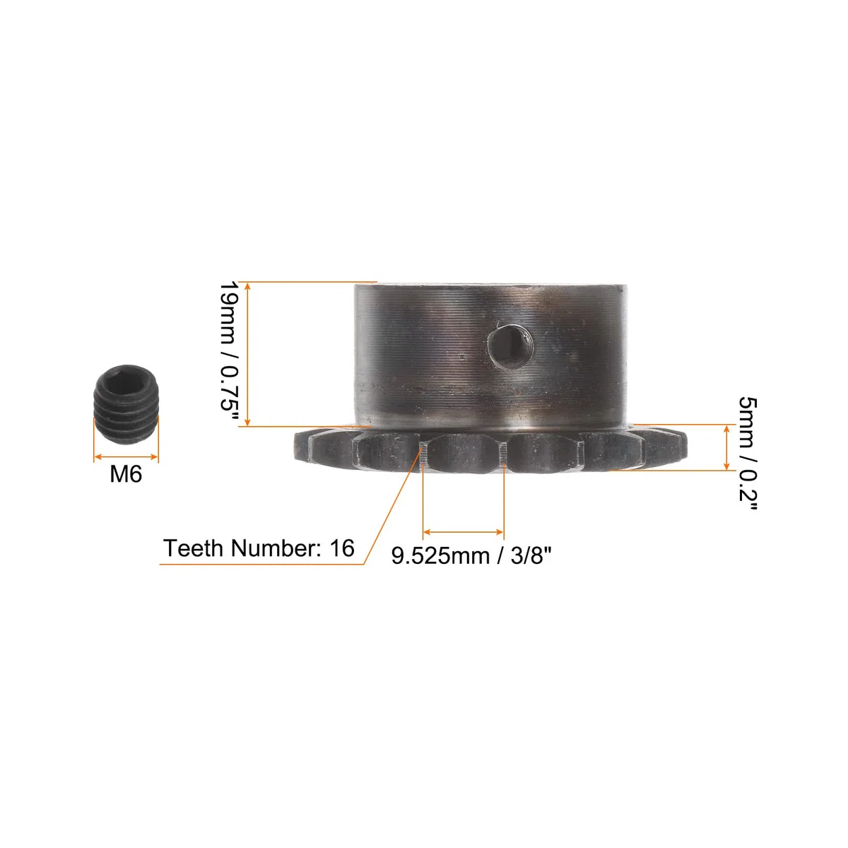 sourcing map 06B Rodillo Cadena Piñón 16T Paso 3/8" 20mm Diámetro A3 Carbono Acero Motor Accionamiento Engranaje