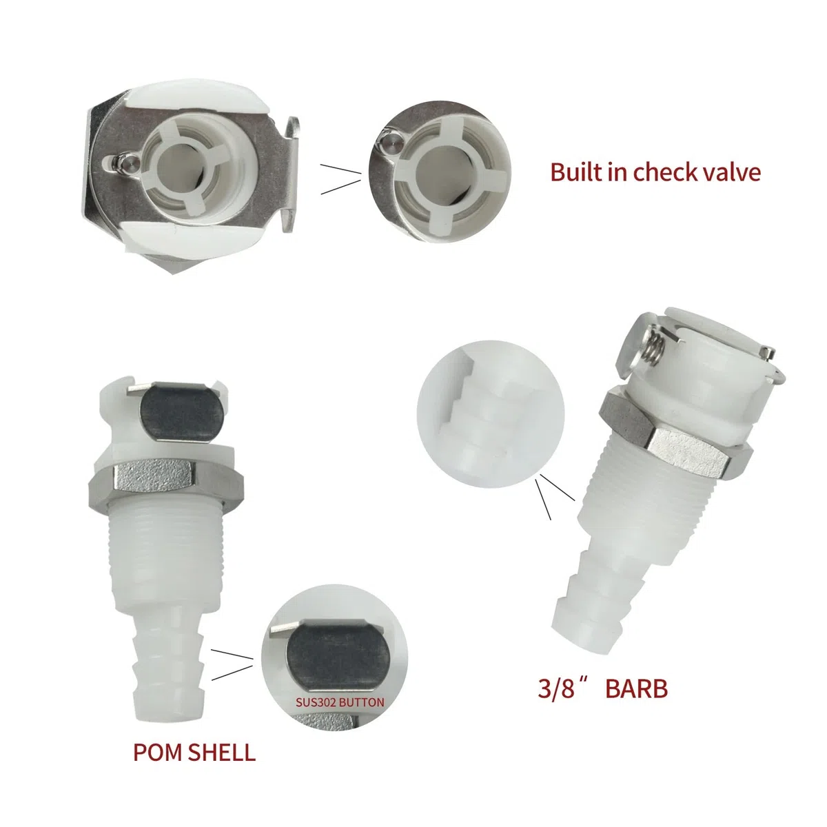 2pcs 1/4"3/8"5/16"acoplamiento rápido en forma de horquilla de mangueras de plástico, con válvula de cierre, acoplamiento de liberación rápida montado en panel (2 conectores masculinos)(3/8)