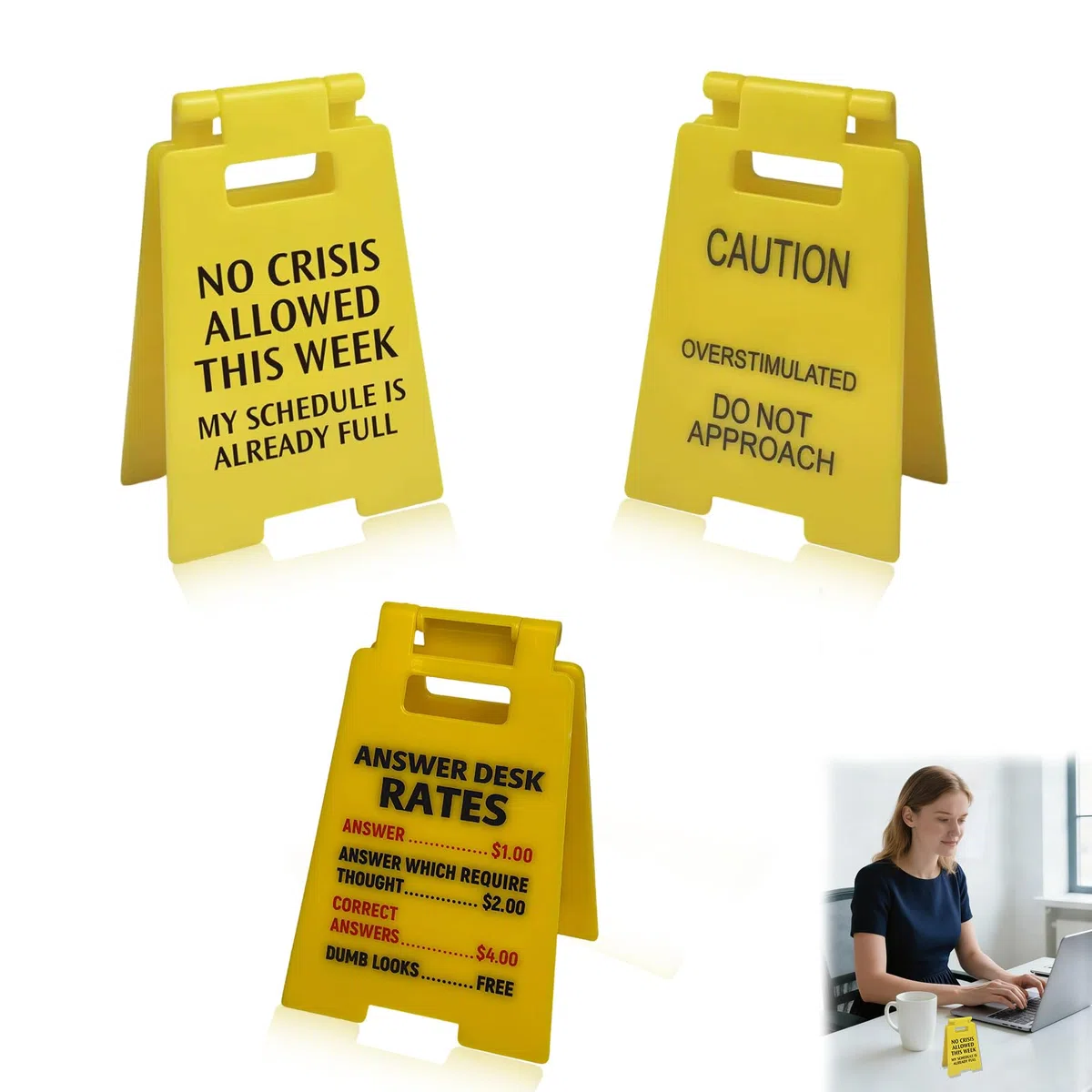 Divertido juego de accesorios de escritorio – Juego de letreros de humor de 3 piezas con "Sobreestimulado: No acercarse", "NO Crisis Allowed This Week" y "Answer Desk Rates", perfecto para oficina