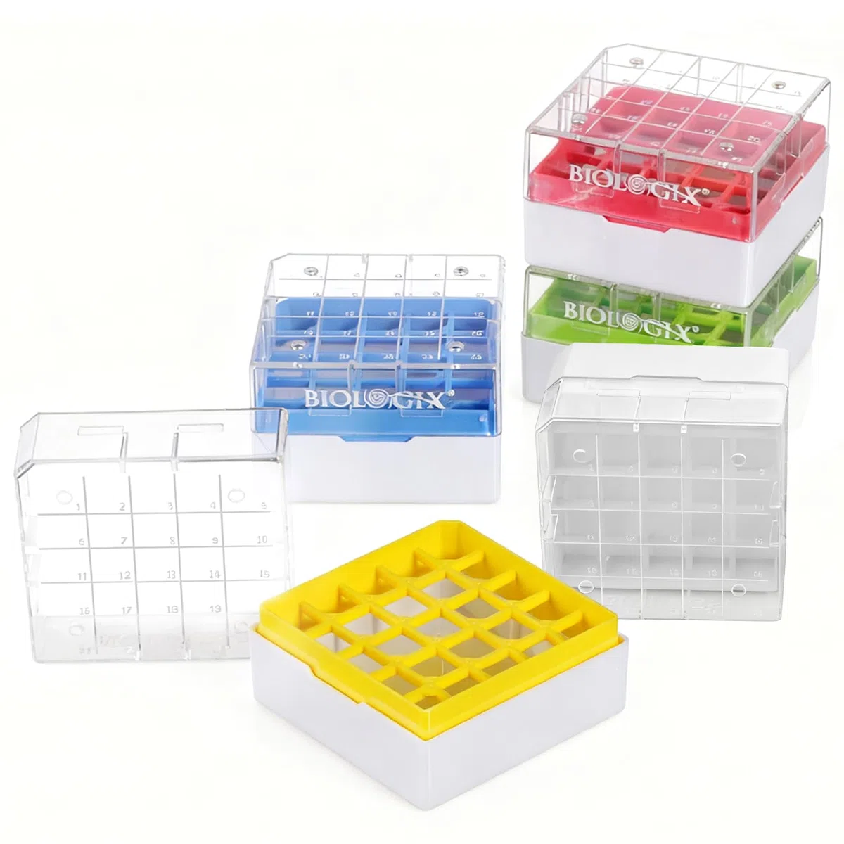 5 cajas criogénicas con codificación, contenedor de tubos de microcentrífuga, cajas de almacenamiento criogénico, 25 rejillas, PC, 2 pulgadas, 75 x 75 x 52 mm
