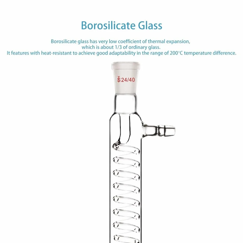Condensador de vidrio de borosilicato con ajuste 24/40 de 300 mm de longitud de la chaqueta, tubo de condensador serpentino de vidrio de laboratorio, fácil de instalar