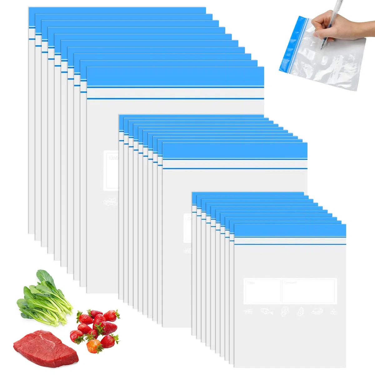 70PCS Bolsas de Almacenamiento Reutilizables, Bolsas Reutilizables para Congelar de 3 Tamaños, Bolsas Plastico Transparente con Cierre Hermético, para Verduras, Frutas y Carne