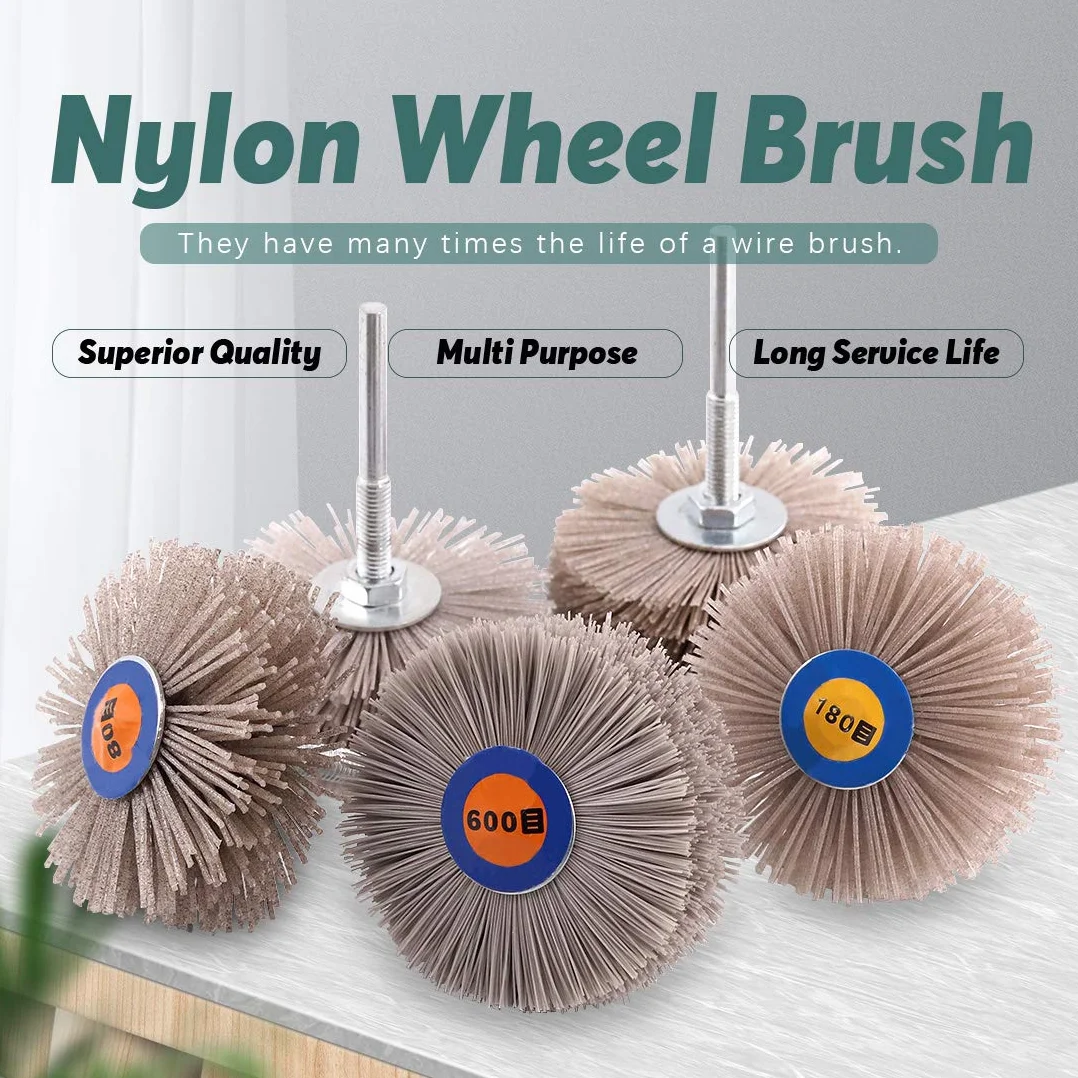 Swpeet 5 piezas de 5 tamaños 80# 180# 240# 320# 600# Nylon cepillo de rueda abrasiva cabeza de pulido con 6 mm vástago roscado surtido Kit de lijado, fregona abrasiva rueda para pulir la