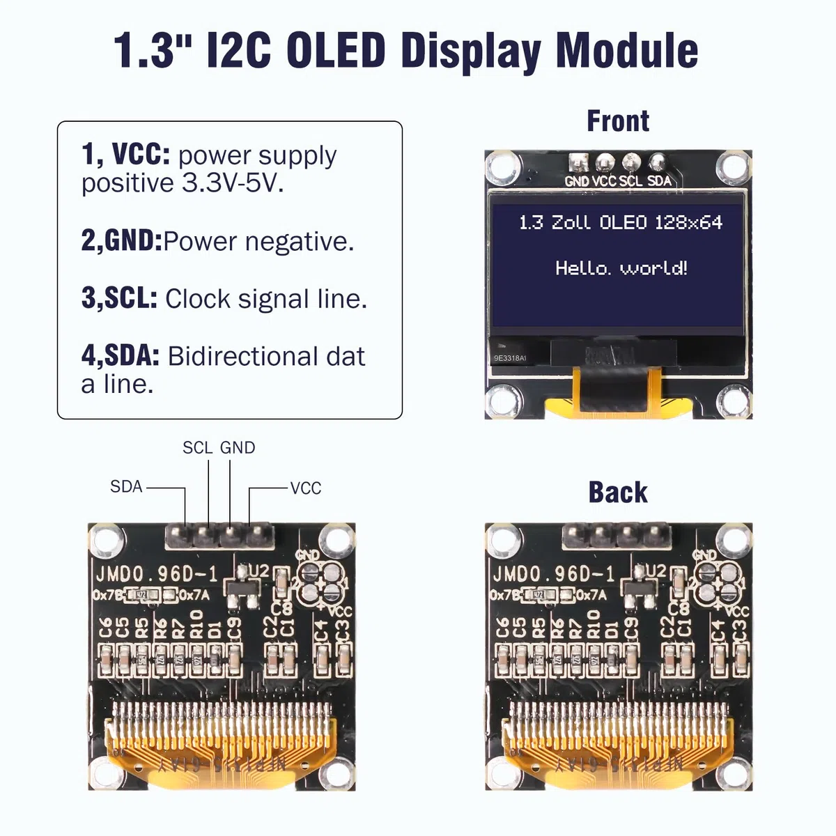 OLED Display Módulo RUIZHI 2 Piezas 1,3 Pulgadas OLED Display I2C Chip 128 x 64 Pixeles I2C Modulo de Visualizacion de Pantalla con Caracteres Blancos Compatible con Arduino