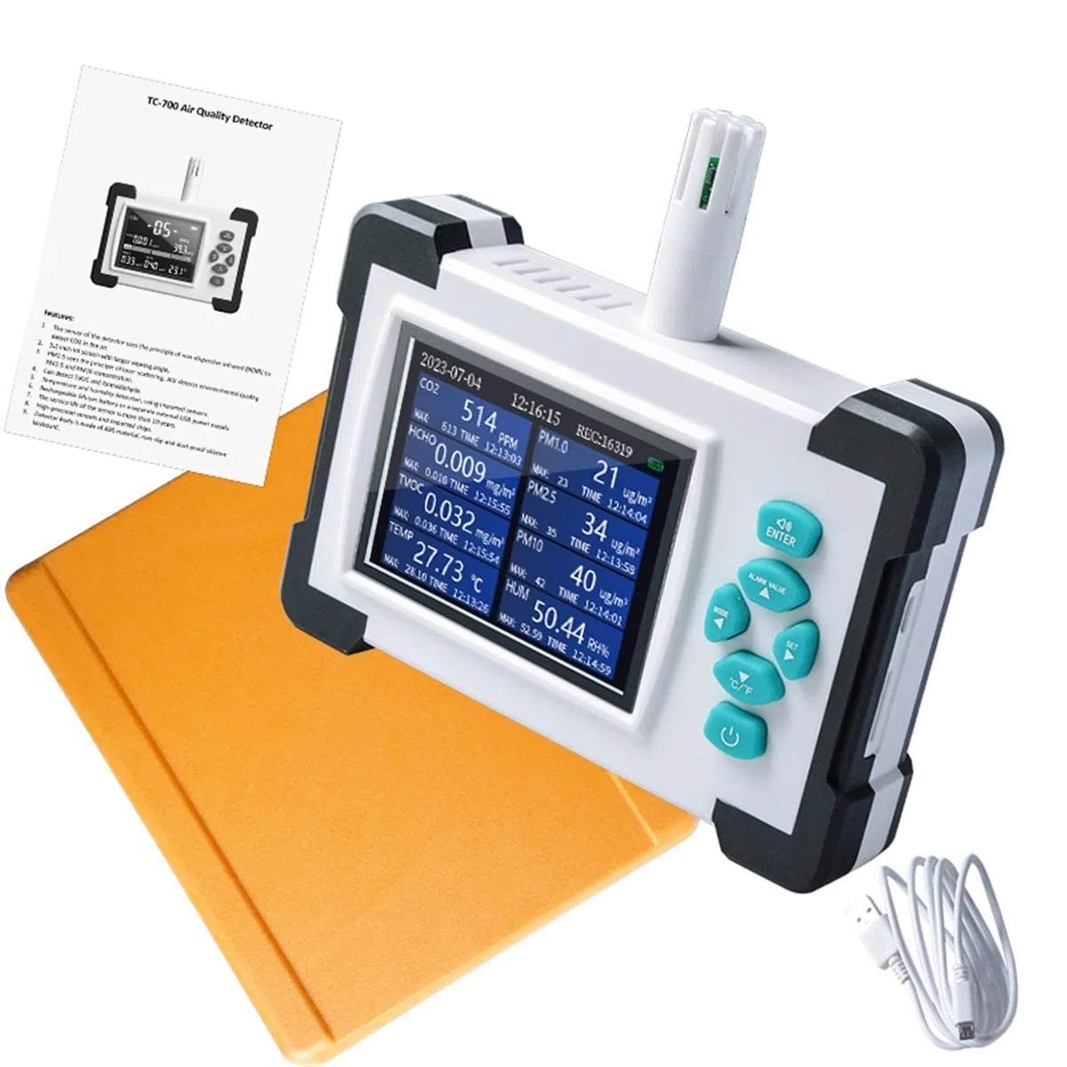 Detector de Calidad del Aire múltiple 7 en 1 TVOC HCHO PM CO2 Temperatura Humedad Kit de Detector de Calidad del Aire(TC-700 Pro WiFi White)