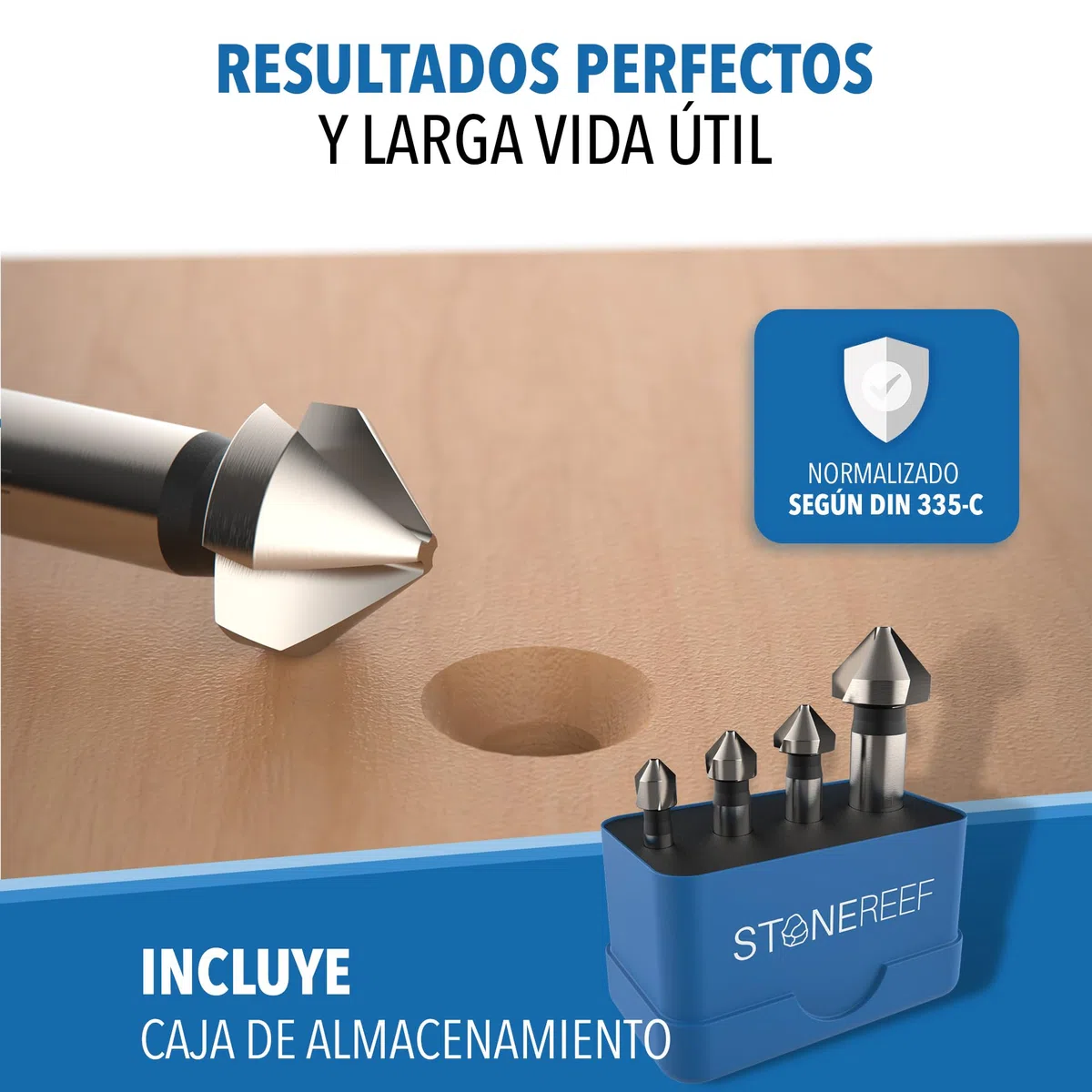 Juego de 4 avellanadores cónicos [6,3, 8,3, 10,5, 16,5 mm] HSS avellanador para metal y madera – avellanador de metal, avellanador de madera – Extra afilado por filo industrial – Cabe en portabrocas