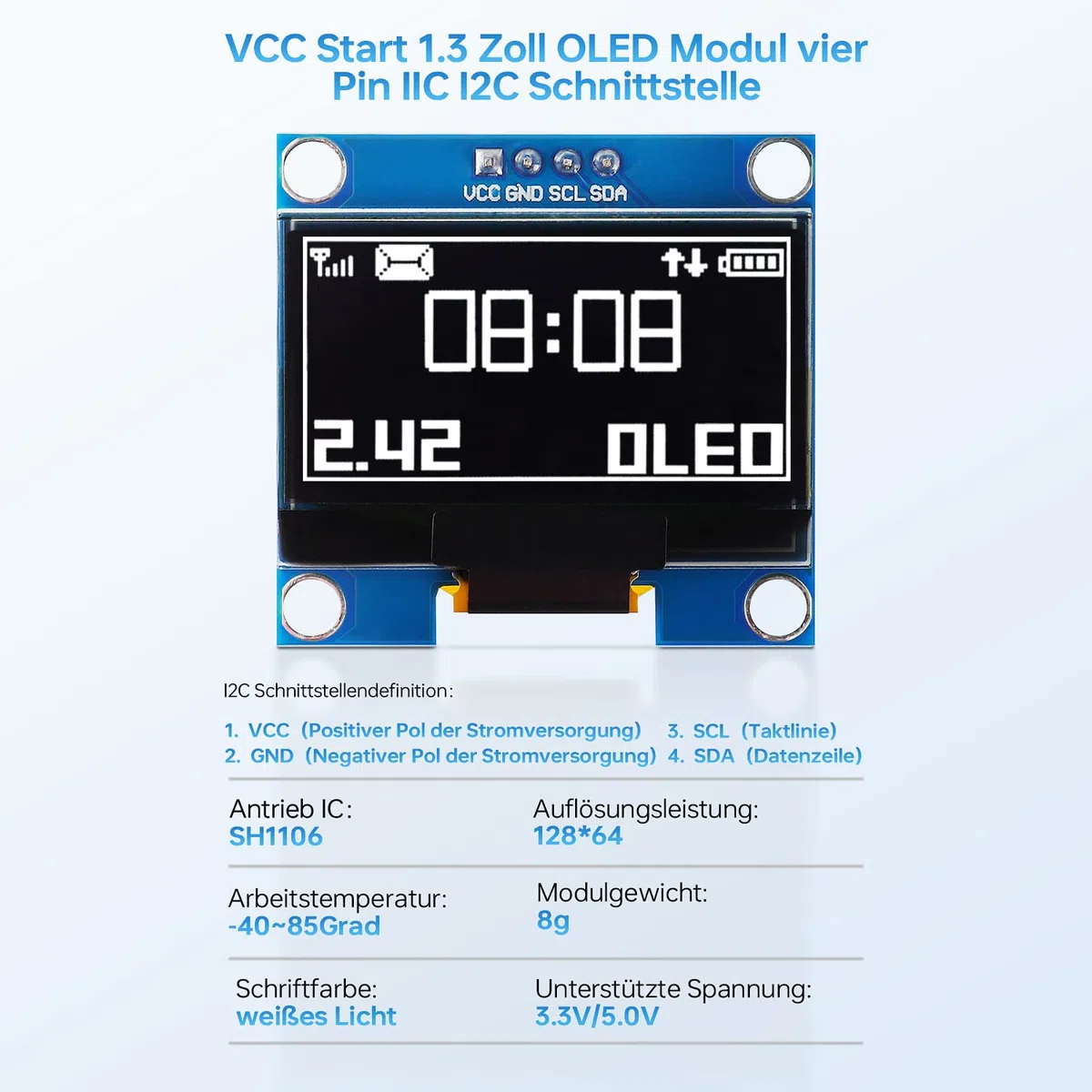 Módulo de pantalla OLED de 1,3 pulgadas, interfaz IIC I2C, controlador SH1106, módulo de visualización de pantalla de 128 x 64 píxeles, compatible con Arduino y Raspberry Pi