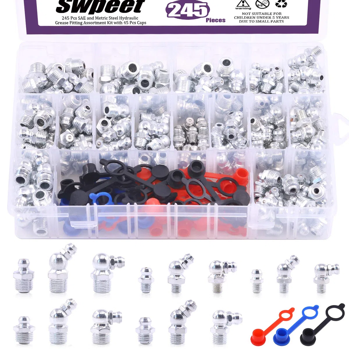 Swpeet Kit surtido de 246 boquillas de grasa SAE y métricas, accesorios de grasa hidráulicos estándar con tapa de ajuste de grasa de plástico, 1/4 pulgadas, 1/8 pulgadas M6 M8 M10 recto, 90 grados, 45