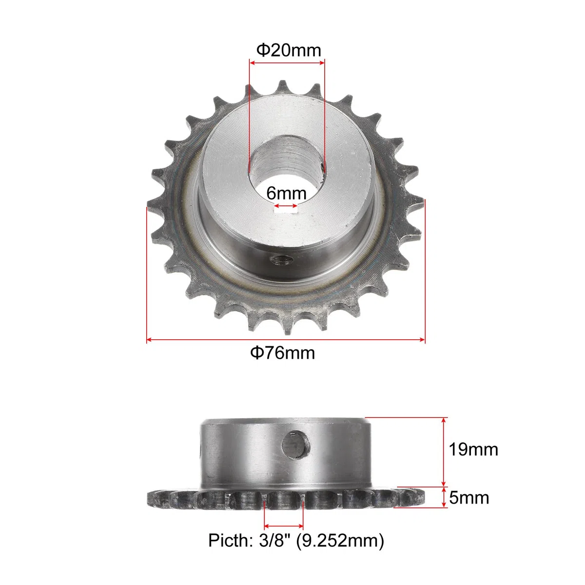 QUARKZMAN Piñón de Cadena de Rodillos ISO/DIN 06B-1 Tipo B Diámetro de 20 mm Paso de 3/8" Piñón de Rodillo de una Sola Hilera de Acero A3 Endurecido con 24 Dientes
