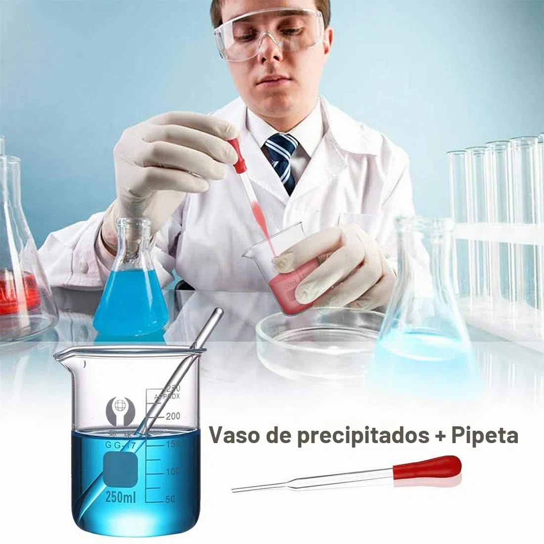 Juego de Matraz Erlenmeyer, JESSTOLO 50ml Matraces, 50ml Vídrio Graduado, 10ml/5ml Cilindros de Medición, con 3 Pipetas de Vidrio, 2 Cepillos de Limpieza y 2 Varillas de Agitación de Vidrio