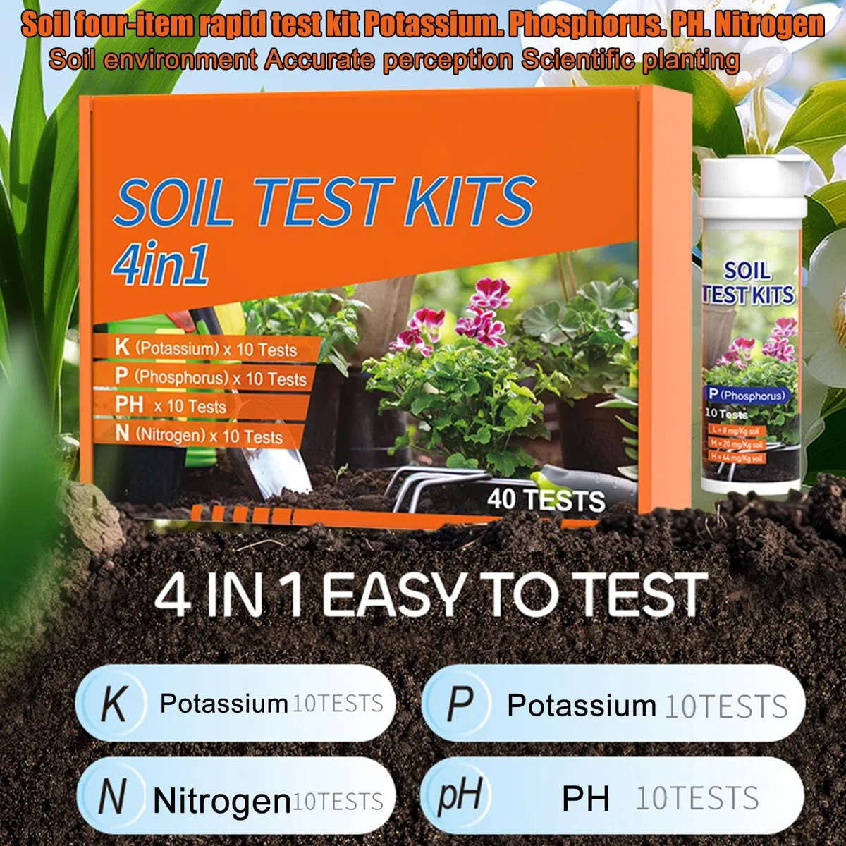 Kit de Análisis de Suelo para Hortalizas,Medidor de Nutrientes de Tierra Kit 4 en 1 | Analizador de Nutrientes para Jardinería en Granjas Paisajes Viñas Patios Plantas en Maceta Jardines