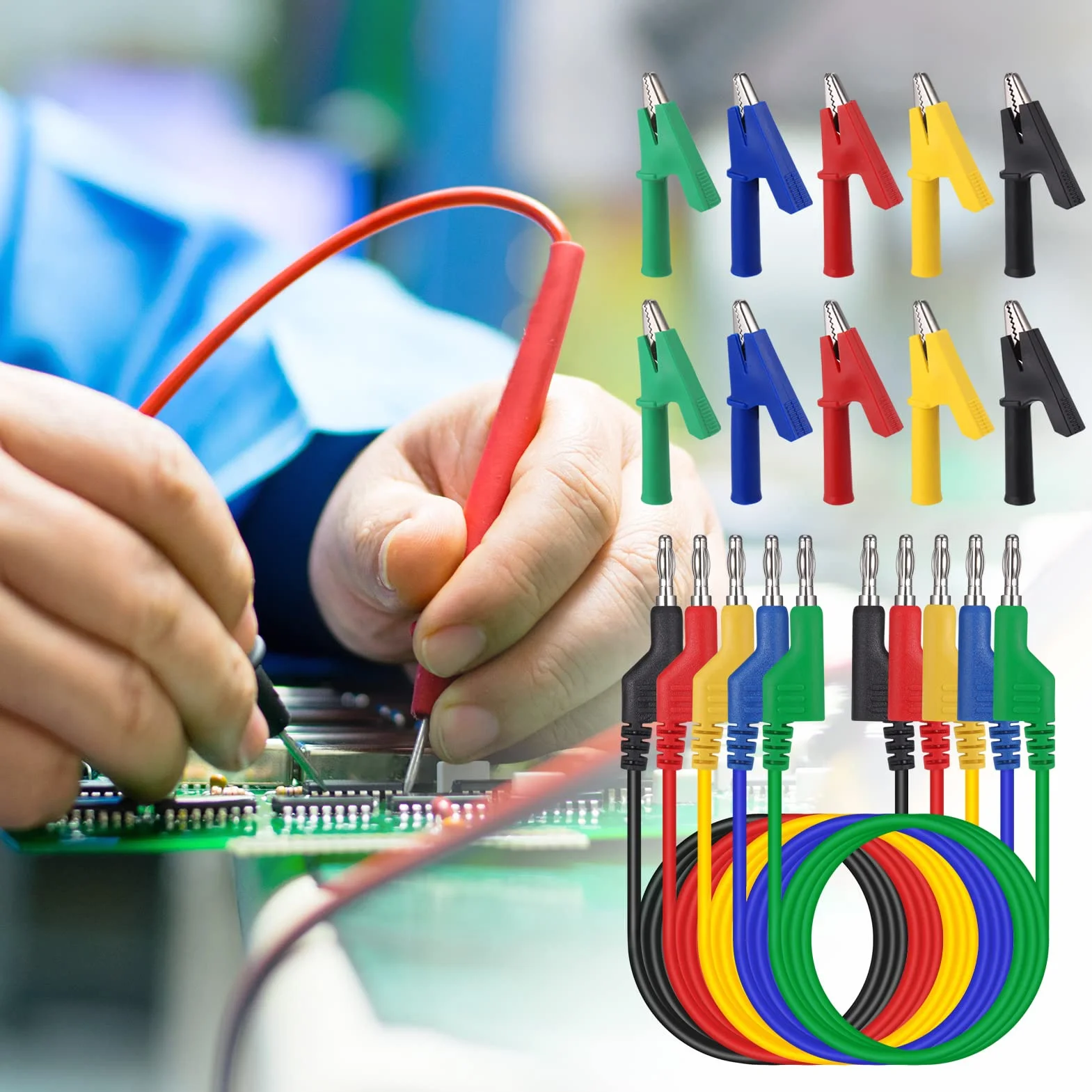 Hejo 15 Piezas Cables de Multímetro, Kit de Cable de Prueba de Sonda para Pruebas con Multímetro, 105cm 5 Colores Cable de Prueba de 4 mm con 10 piezas Pinzas de Cocodrilo