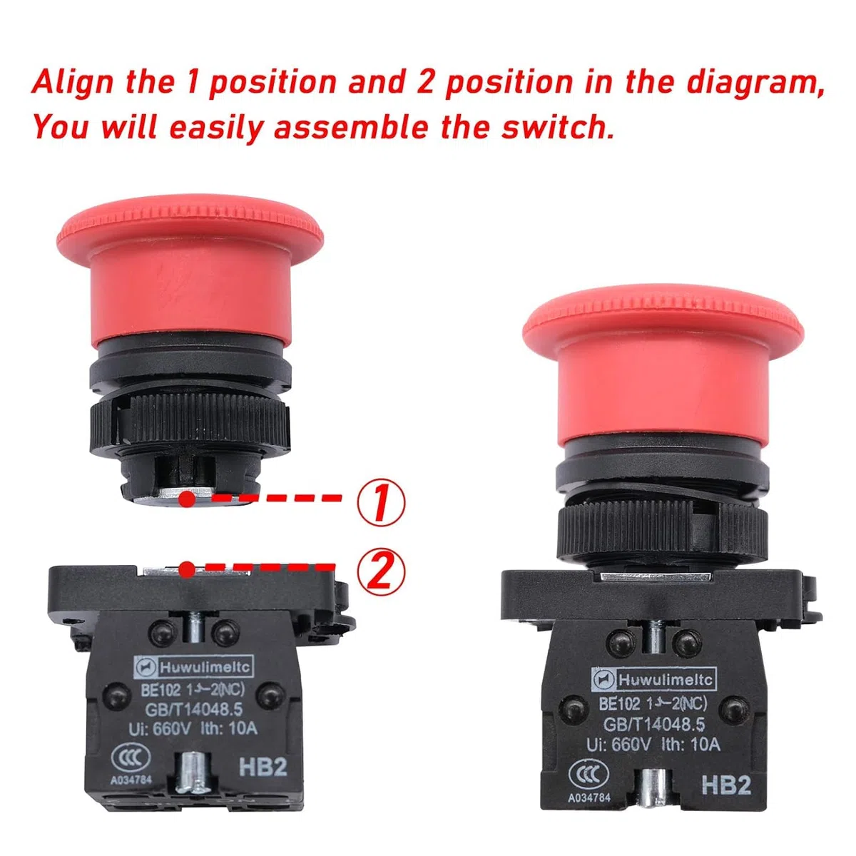 Caja roja del interruptor de la seta de la emergencia 22m m AC 660V 10A 1NC 1NO con señal de parada de emergencia
