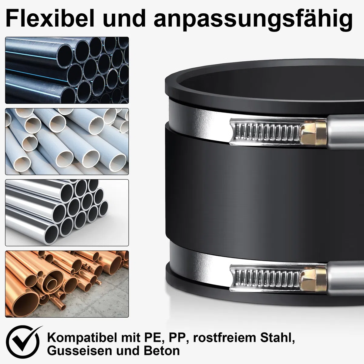 Conector de tubo de 125 mm, manguito de goma, diámetro de 125 mm, acoplamiento de goma flexible con dos abrazaderas de acero inoxidable, manguito reductor de ruido para ventilador de tubo, filtro de