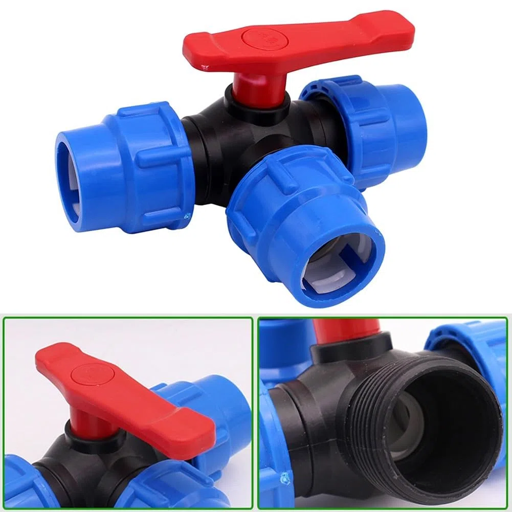 Lioaeust Válvula de Bola de 3 Vías, Material PE, 50mm, Cuerpo de Material PE, Color Negro+Azul, Accesorios para Suministro de Agua Doméstico e Industrial