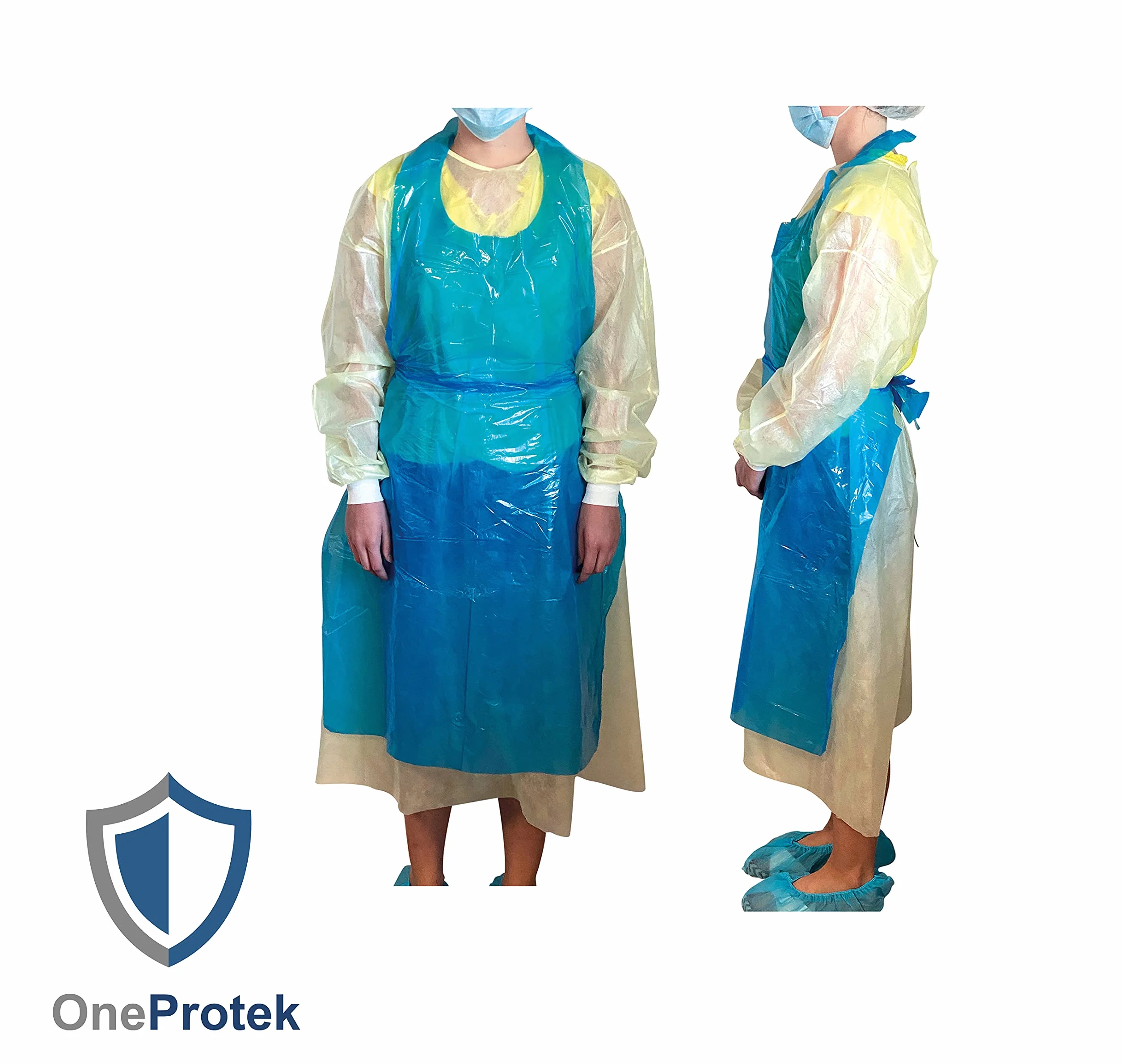 100 Delantales desechables PE Impermeables azules OneProtek - Polietileno (PE), 20 micras - Alta calidad, polivalente - Talla única (70x120 cm) - En bloque desprendible