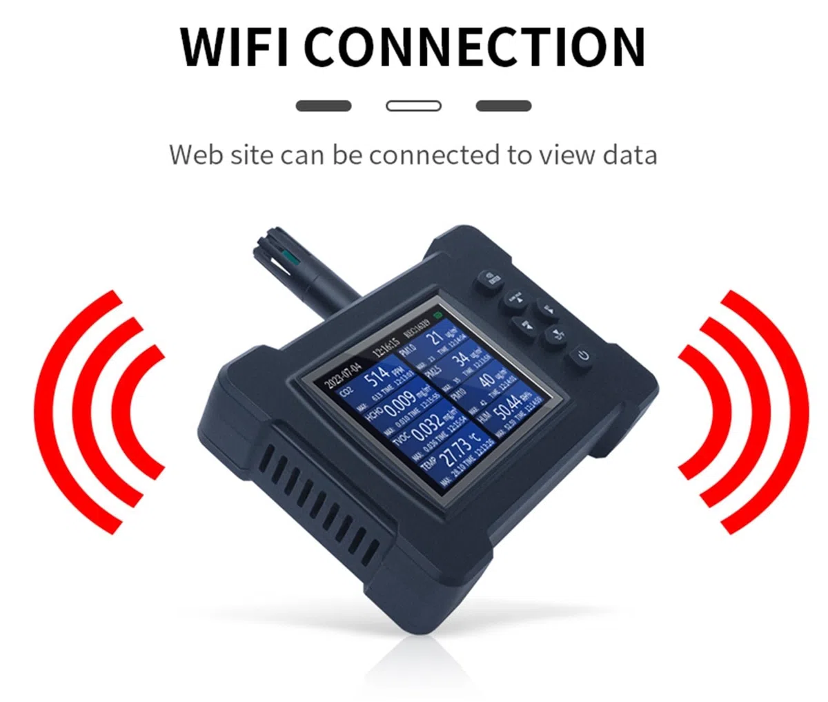 Detector de Calidad del Aire múltiple 7 en 1 TVOC HCHO PM CO2 Temperatura Humedad Kit de Detector de Calidad del Aire(TC-700 Pro WiFi White)