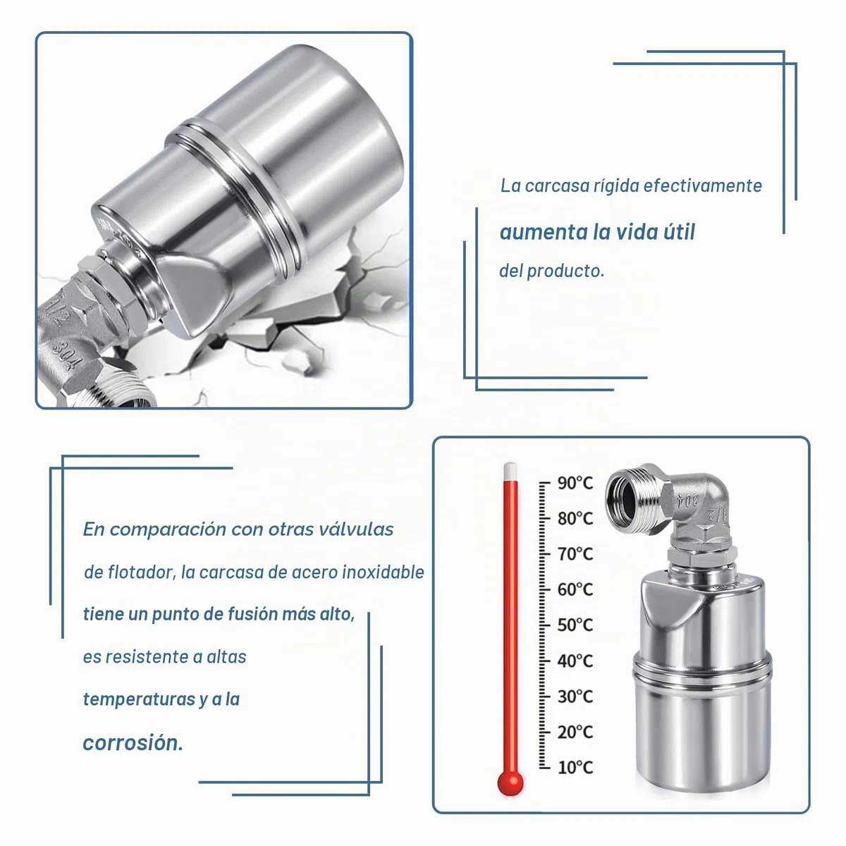 Válvula de flotador para tanque de agua, válvula automática de control de nivel de agua de 3/4 pulgadas de baja presión en acero inoxidable 304