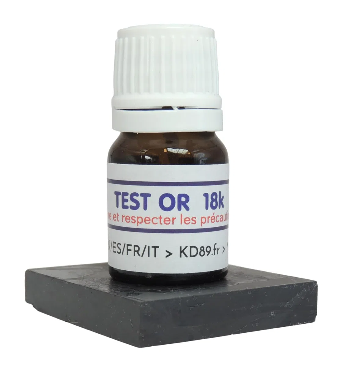 KD89 - Prueba reactiva/solución para probar oro (18 quilates, con piedra de toque natural e instrucciones en varios idiomas, para joyería, monedas y lingotes, 2,5 ml