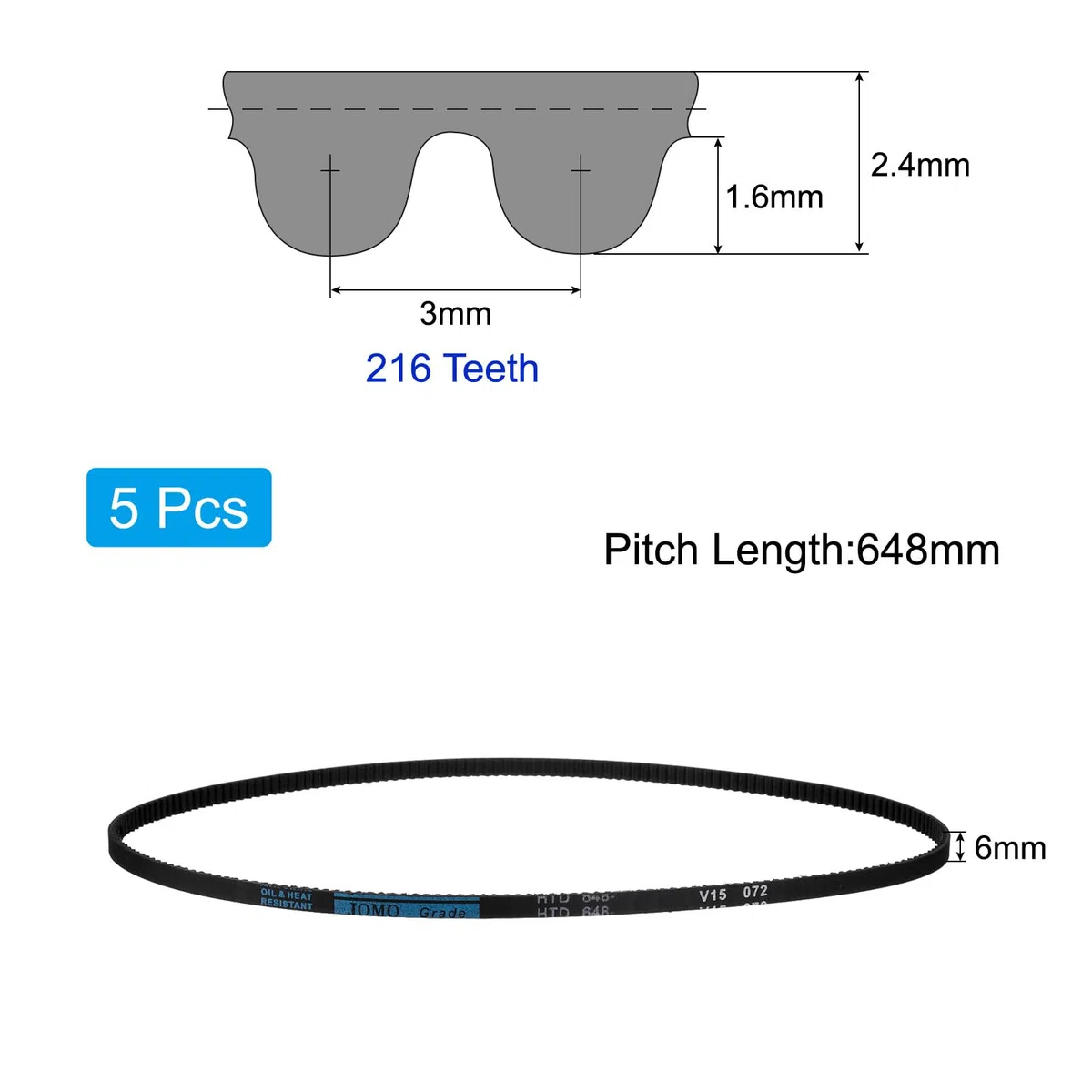 QUARKZMAN 5pcs Correa de Distribución HTD-3M de Goma con 216 Dientes, 648mm Longitud de Paso x 6mm Ancho x 2.4mm Altura, Correa de Distribución en Bucle Cerrado para Poleas