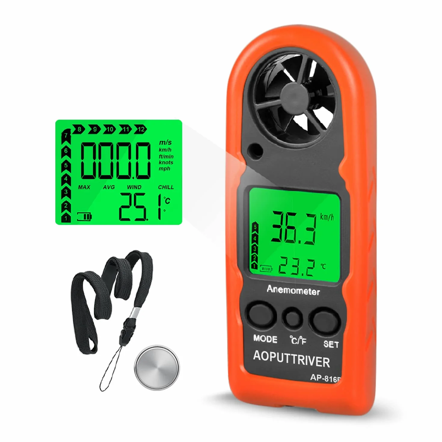 AP-816B - Mini anemómetro con carcasa protectora para medir la velocidad del viento, la temperatura y máxima/media/corriente, ideal para windsurf, vela, pesca y actividades al aire libre