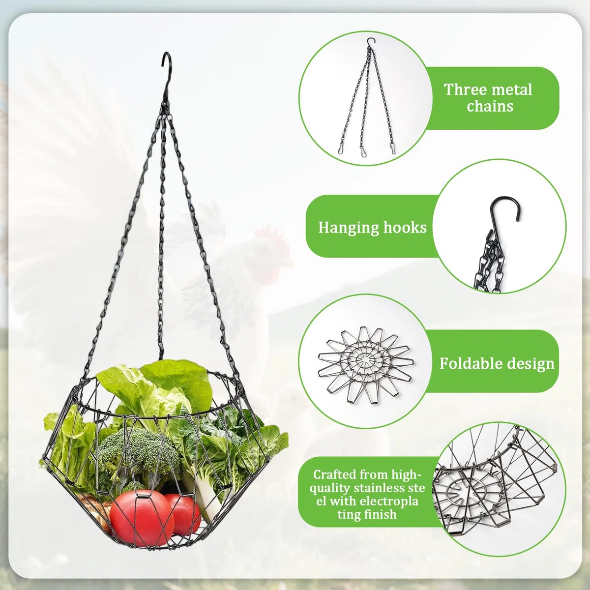2 Piezas Comedero Colgante de Verduras para Pollos, Soporte Plegable para Frutas y Verduras, Comedero de Pollo, Cesta de Alimentación para Colgar para Pollos, Patos y Gansos