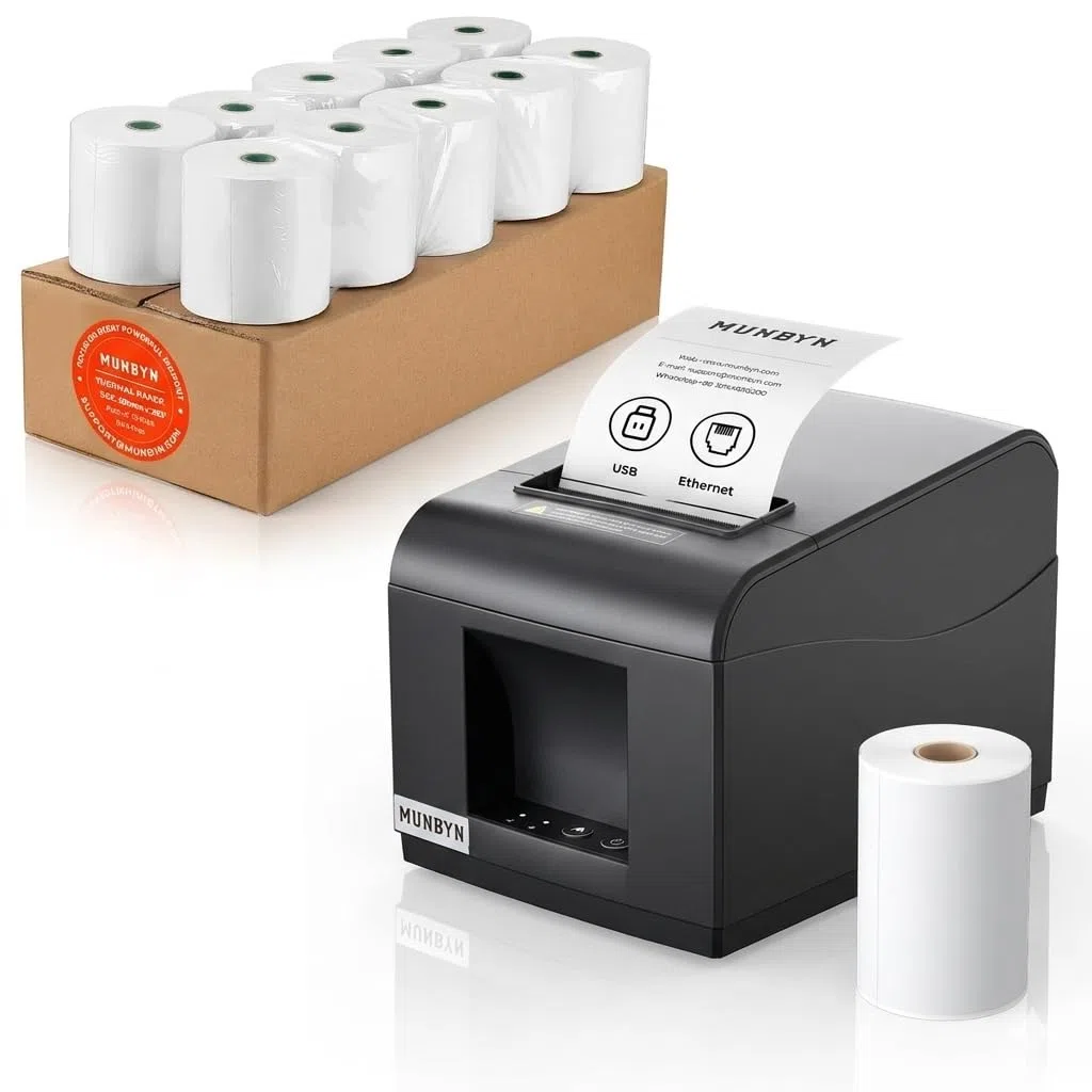 MUNBYN Impresora Térmica USB/LAN 80mm ITPP072 + 10 Rollos Térmicos Bundle