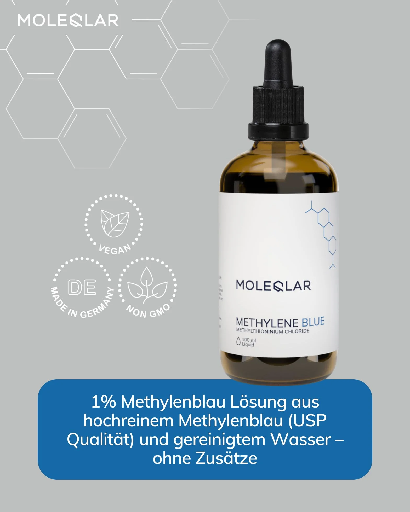MoleQlar Azul de metileno 1% solución 100 ml – Calidad premium – Pharmacéuticamente puro – Probado en laboratorios alemanes independientes – Con pipeta – Fabricado en Alemania