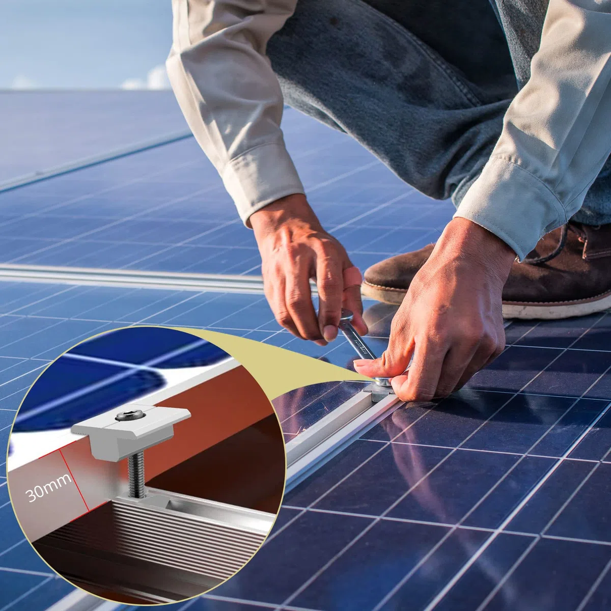 Anbte 10x Soporte de Montaje de Panel Solar, Abrazaderas Centrales para Panel Solar 30mm en Forma de T Aleación de Aluminio Tornillos M8 * 48mm para 30-35mm Enmarcado Paneles Fotovoltaicos