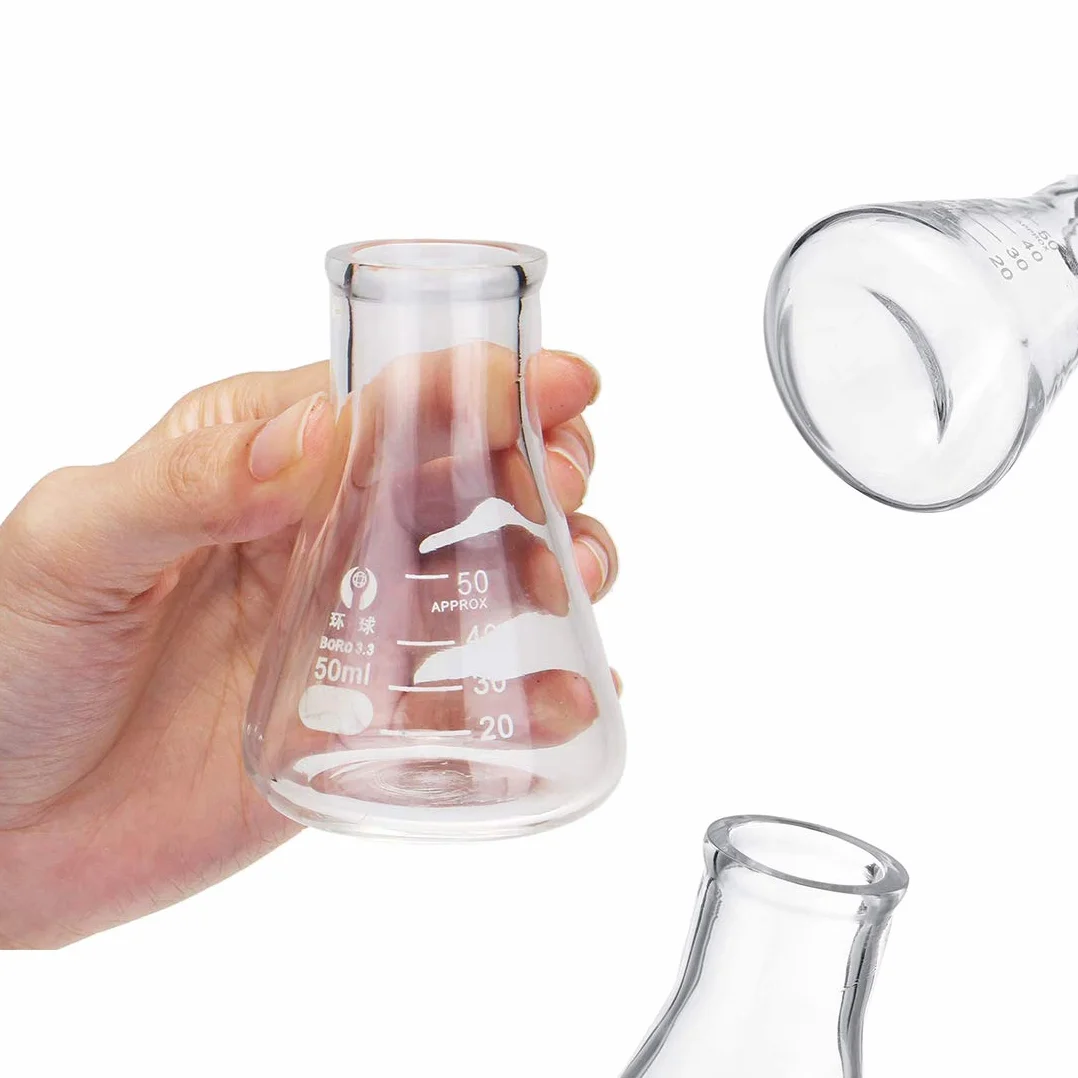 Juego de Matraz Erlenmeyer, JESSTOLO 50ml Matraces, 50ml Vídrio Graduado, 10ml/5ml Cilindros de Medición, con 3 Pipetas de Vidrio, 2 Cepillos de Limpieza y 2 Varillas de Agitación de Vidrio