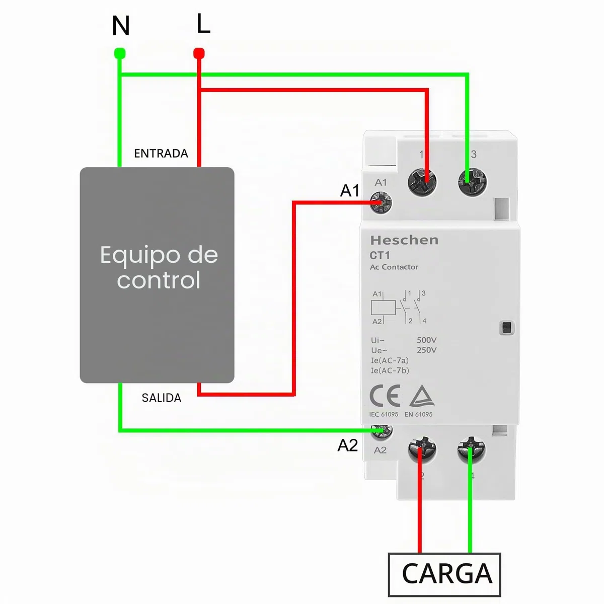 Heschen Contactor de CA para el hogar, CT1-40, Ie 40A, 2 polos, dos normalmente abiertos, voltaje de bobina de AC 220V, montaje en riel DIN de 35 mm