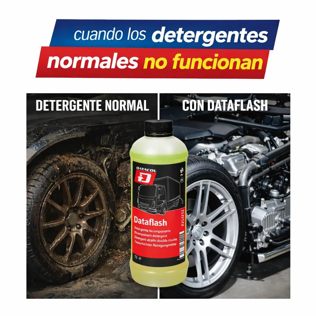 Dataflash Detergente, desengrasante bicomponente, alto poder desengrasante, desinfectante y humectante, para limpieza de todo tipo de suciedad botella de 1Litro.