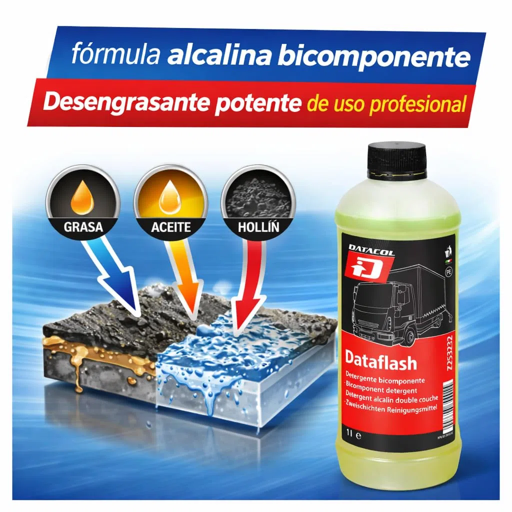 Dataflash Detergente, desengrasante bicomponente, alto poder desengrasante, desinfectante y humectante, para limpieza de todo tipo de suciedad botella de 1Litro.