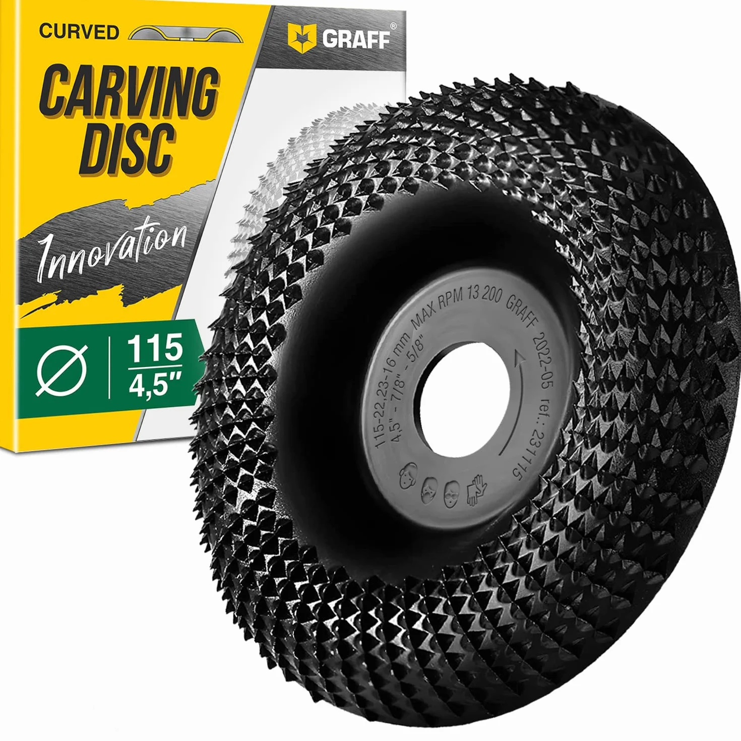 GRAFF Muela Amoladora 115 mm - Disco Madera Amoladora para Tallar y Moler Madera, Madera Blanda, Madera Dura - Disco Desbaste Madera de Carburo de Tungsteno para Amoladoras Angulares