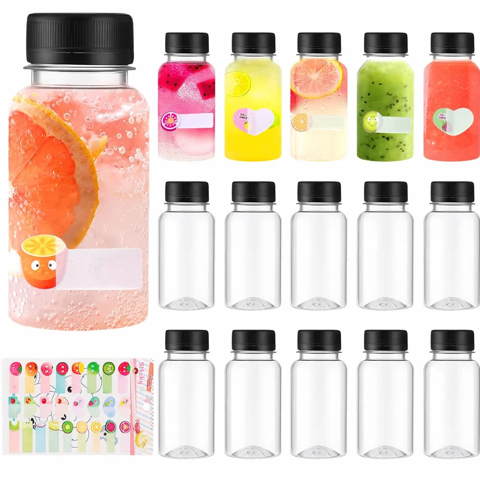 15 botellas de jugo con tapas, 100 ml, botellas pequeñas reutilizables de alto sellado, mini botellas de plástico con adhesivo para jugos de frutas, bebidas de agua (negro)