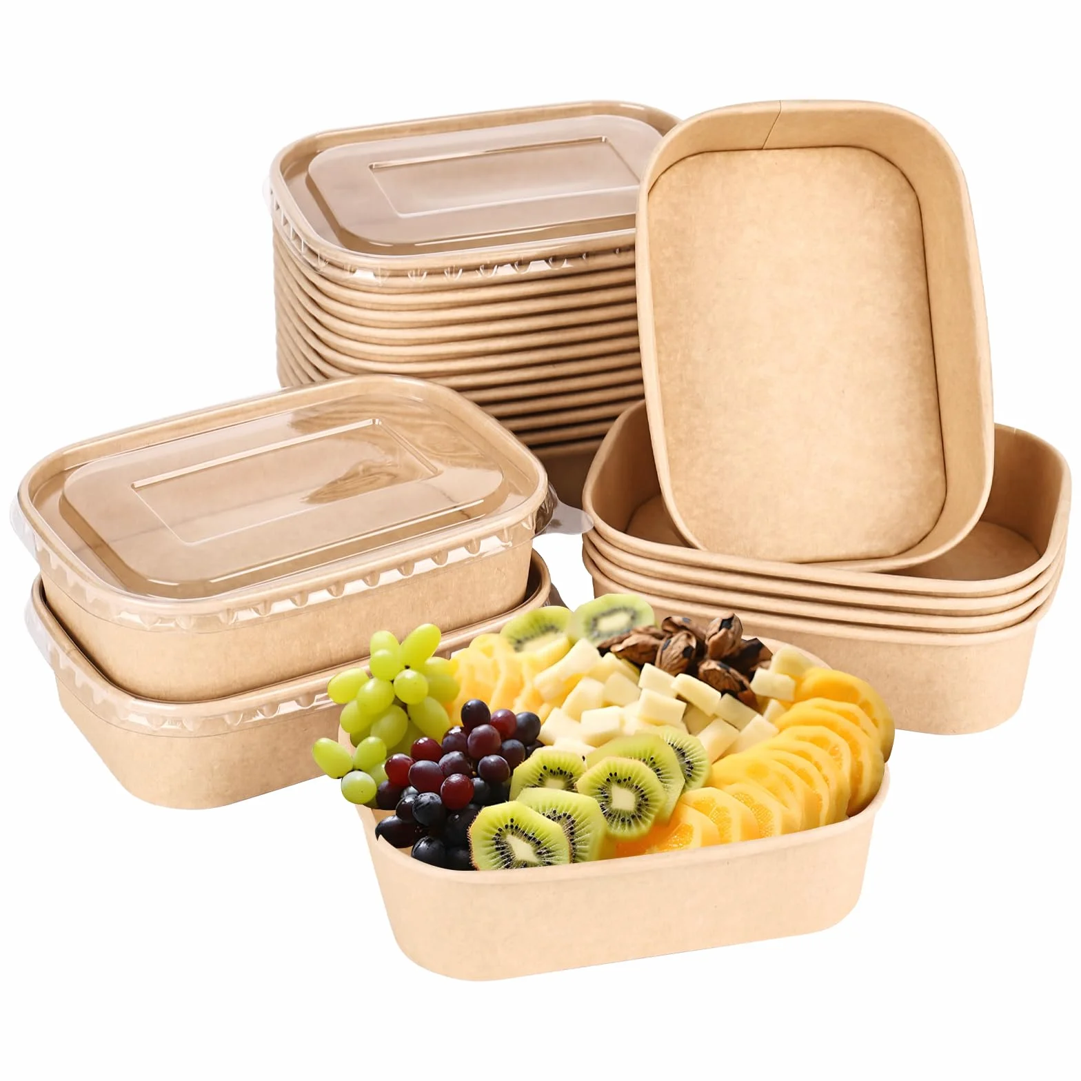 25 cuencos de papel de estraza de papel kraft de 500 ml, cuencos desechables con tapa, caja de papel para llevar, resistente al agua y al aceite, ensaladera, para comidas de trabajo