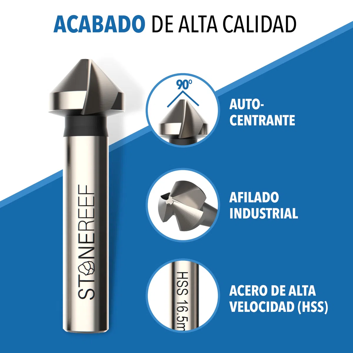 Juego de 4 avellanadores cónicos [6,3, 8,3, 10,5, 16,5 mm] HSS avellanador para metal y madera – avellanador de metal, avellanador de madera – Extra afilado por filo industrial – Cabe en portabrocas